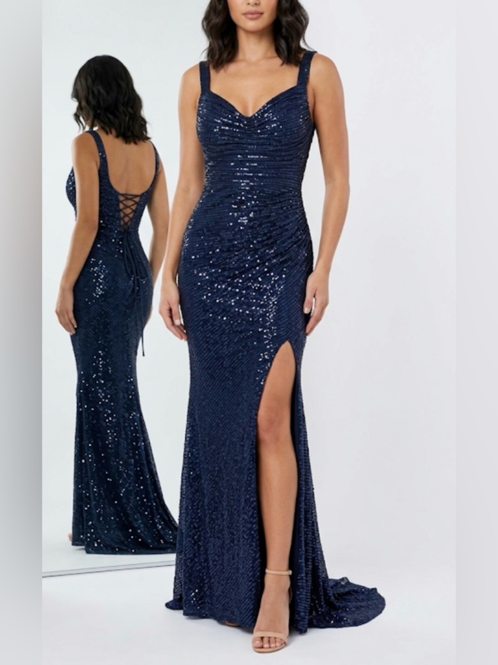 Wear Your Love Navy Blue Sequin Ruched Mermaid Prom Dress Size 4